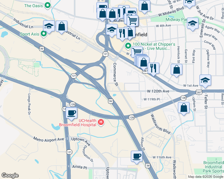 map of restaurants, bars, coffee shops, grocery stores, and more near 8357 1/2 West 120th Avenue in Broomfield