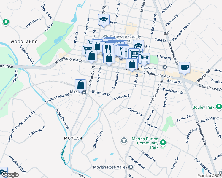 map of restaurants, bars, coffee shops, grocery stores, and more near 422 South Jackson Street in Media