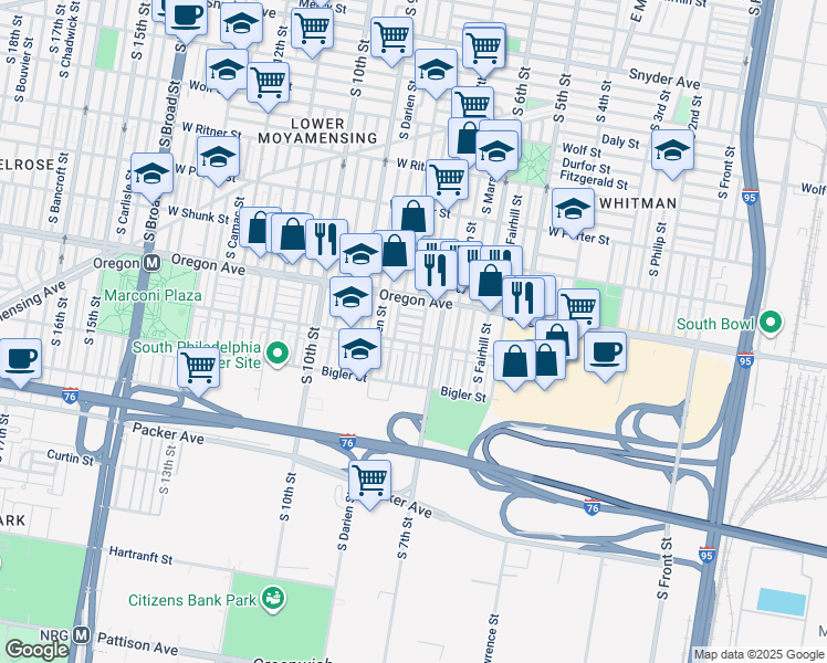 map of restaurants, bars, coffee shops, grocery stores, and more near 708 Mollbore Terrace in Philadelphia