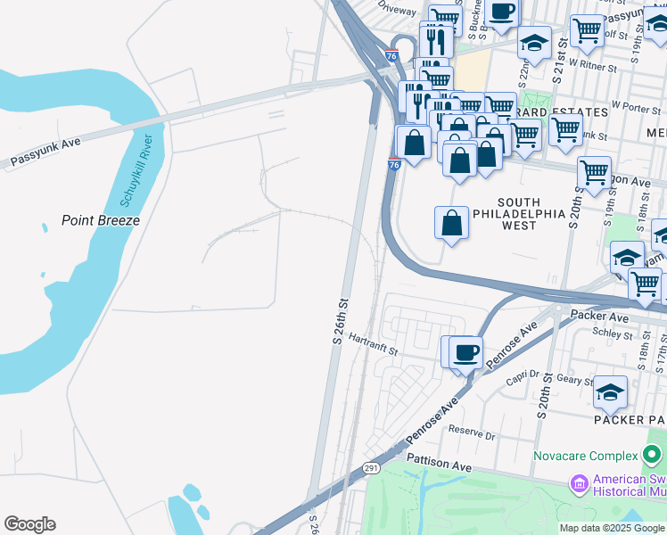 map of restaurants, bars, coffee shops, grocery stores, and more near 2800 South 26th Street in Philadelphia