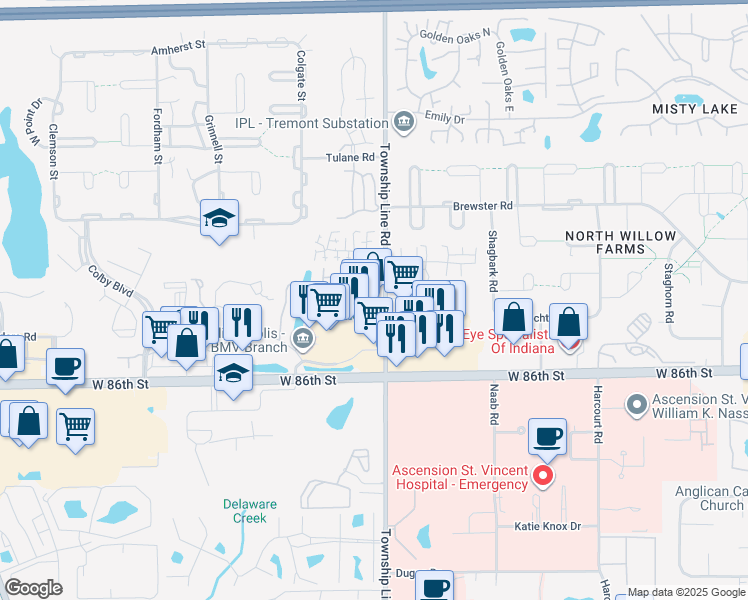 map of restaurants, bars, coffee shops, grocery stores, and more near 8733 Arborway Court in Indianapolis