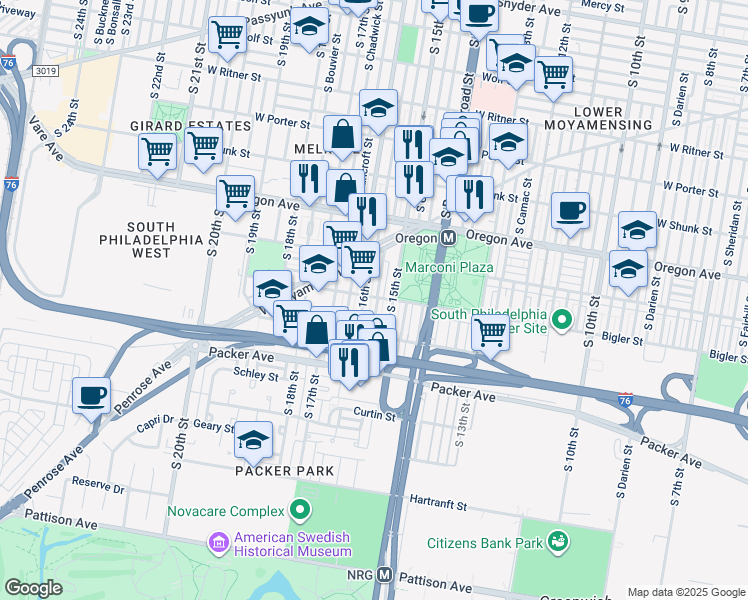 map of restaurants, bars, coffee shops, grocery stores, and more near 2900 South Sydenham Street in Philadelphia