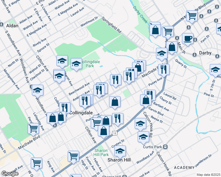 map of restaurants, bars, coffee shops, grocery stores, and more near 206 Marshall Avenue in Collingdale