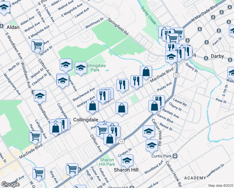 map of restaurants, bars, coffee shops, grocery stores, and more near 206 Marshall Avenue in Collingdale