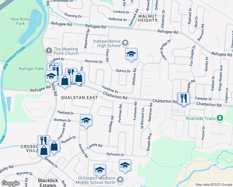 map of restaurants, bars, coffee shops, grocery stores, and more near 5287 Parkline Drive in Columbus