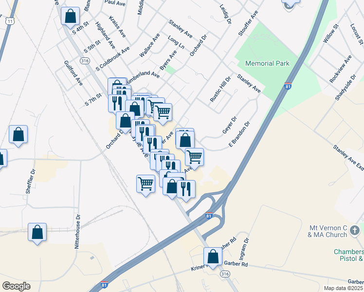 map of restaurants, bars, coffee shops, grocery stores, and more near 1005 Wayne Avenue in Chambersburg