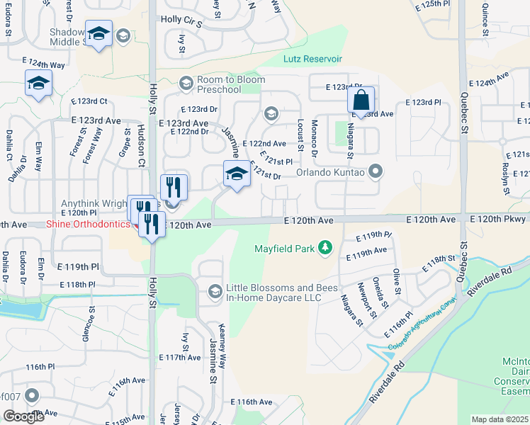 map of restaurants, bars, coffee shops, grocery stores, and more near 12034 Leyden Street in Brighton