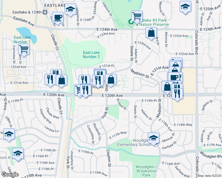 map of restaurants, bars, coffee shops, grocery stores, and more near 2801 East 120th Avenue in Thornton
