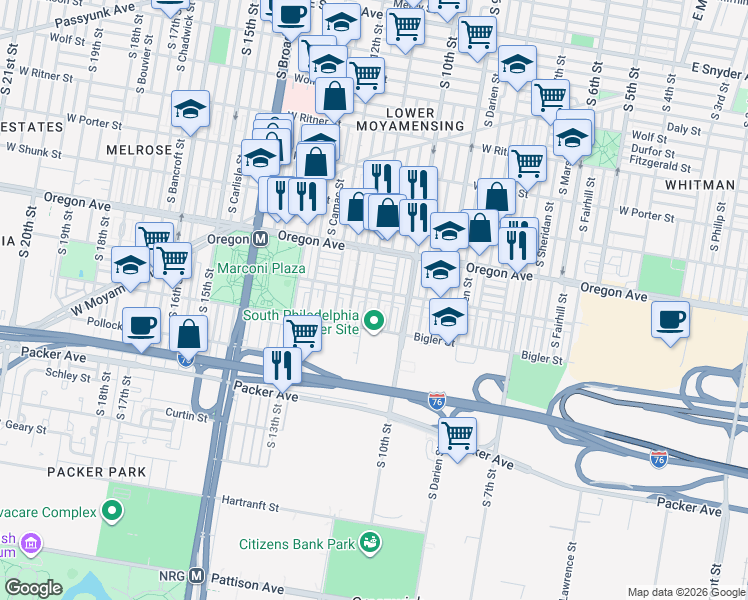 map of restaurants, bars, coffee shops, grocery stores, and more near 1029 Johnston Street in Philadelphia