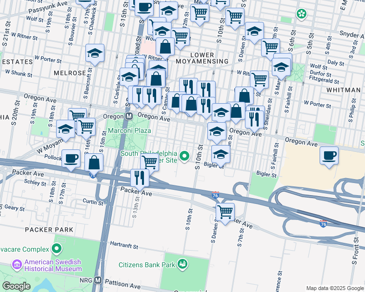 map of restaurants, bars, coffee shops, grocery stores, and more near 1029 Johnston Street in Philadelphia