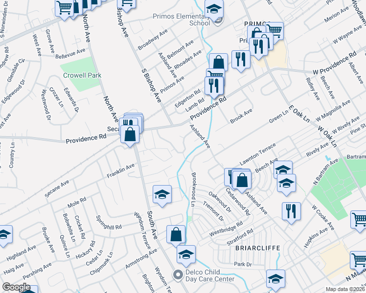 map of restaurants, bars, coffee shops, grocery stores, and more near 1115 Wynnbrook Road in Delaware County