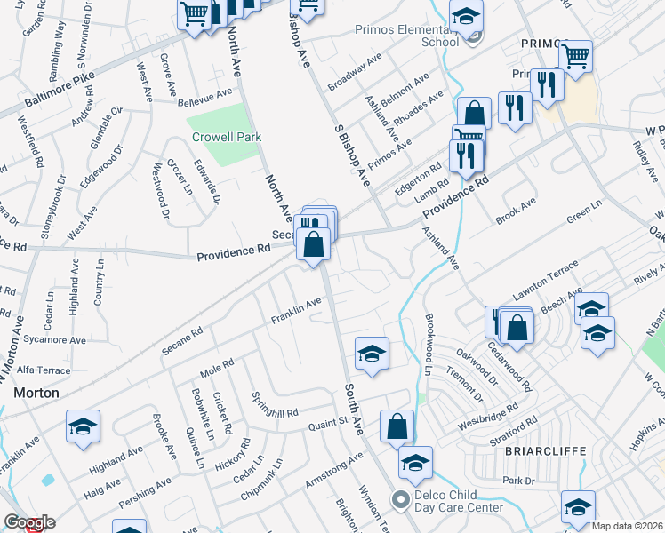map of restaurants, bars, coffee shops, grocery stores, and more near in Delaware County