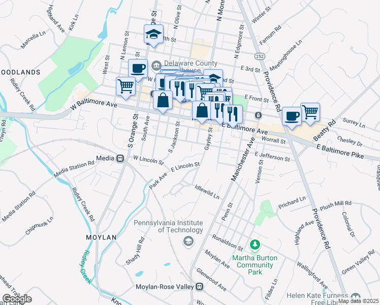 map of restaurants, bars, coffee shops, grocery stores, and more near 40 East Jefferson Street in Media