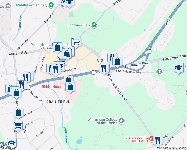 map of restaurants, bars, coffee shops, grocery stores, and more near in Delaware County
