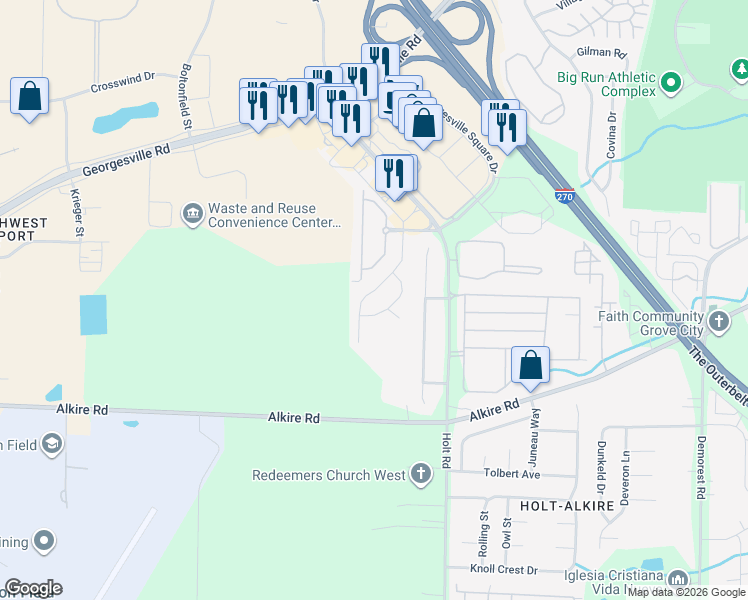 map of restaurants, bars, coffee shops, grocery stores, and more near 1855 Brandigen Lane in Columbus