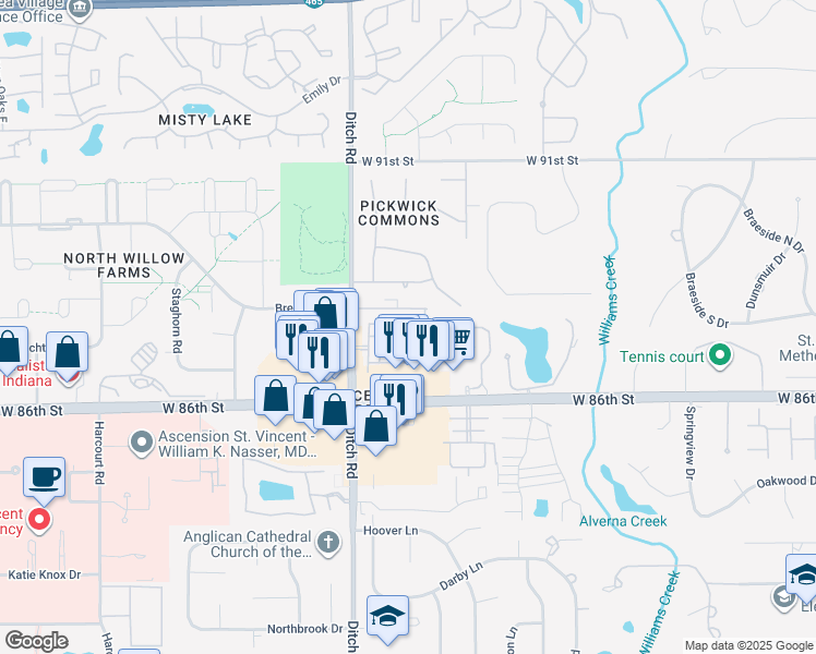map of restaurants, bars, coffee shops, grocery stores, and more near 1305 Kings Cove Court in Indianapolis