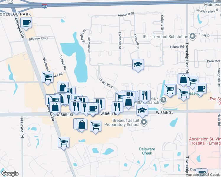 map of restaurants, bars, coffee shops, grocery stores, and more near 8851 Colby Boulevard in Indianapolis