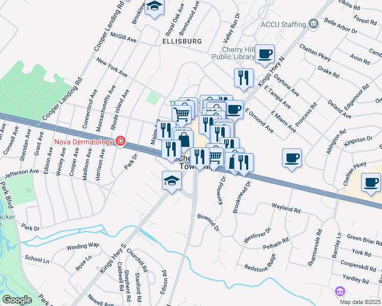 map of restaurants, bars, coffee shops, grocery stores, and more near 22 New Jersey 70 in Cherry Hill