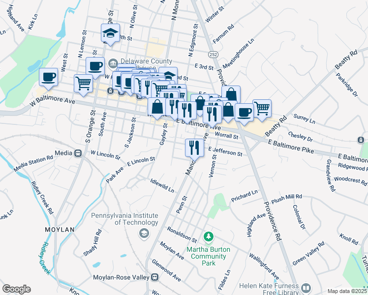 map of restaurants, bars, coffee shops, grocery stores, and more near 210 East Jefferson Street in Media