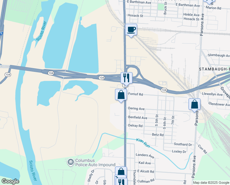map of restaurants, bars, coffee shops, grocery stores, and more near 2291 South High Street in Columbus