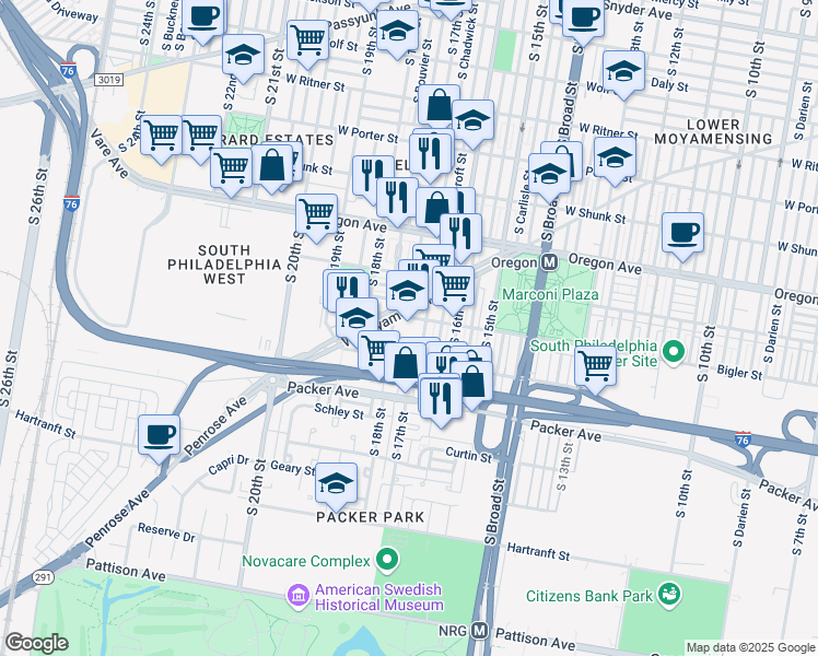 map of restaurants, bars, coffee shops, grocery stores, and more near 1700 Bigler Street in Philadelphia