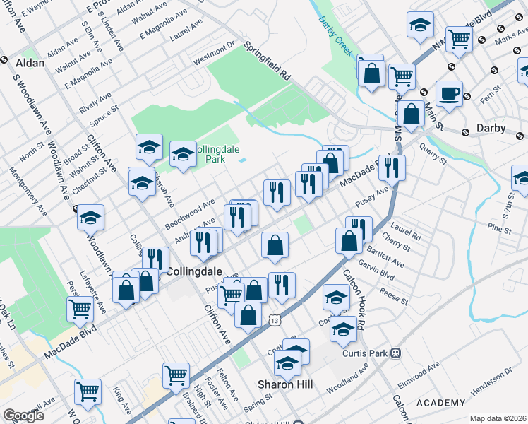 map of restaurants, bars, coffee shops, grocery stores, and more near 222 Marshall Avenue in Collingdale