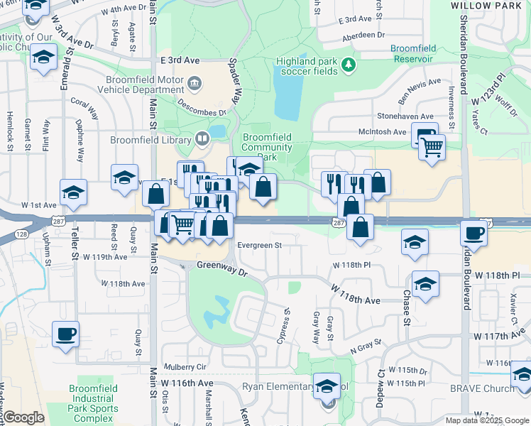 map of restaurants, bars, coffee shops, grocery stores, and more near 600 East 1st Avenue in Broomfield