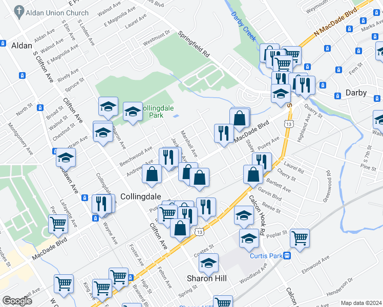 map of restaurants, bars, coffee shops, grocery stores, and more near 208 Marshall Avenue in Collingdale