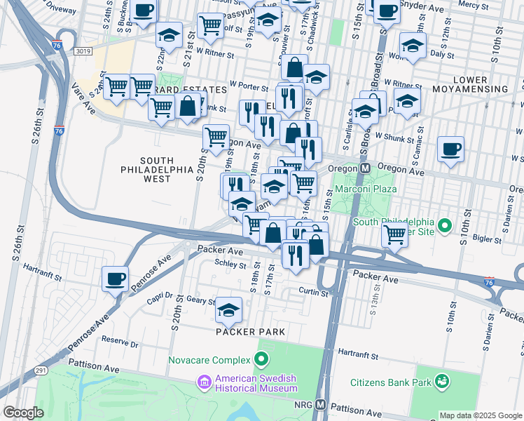 map of restaurants, bars, coffee shops, grocery stores, and more near 2914 South 18th Street in Philadelphia