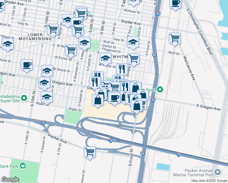 map of restaurants, bars, coffee shops, grocery stores, and more near 2637 South 3rd Street in Philadelphia