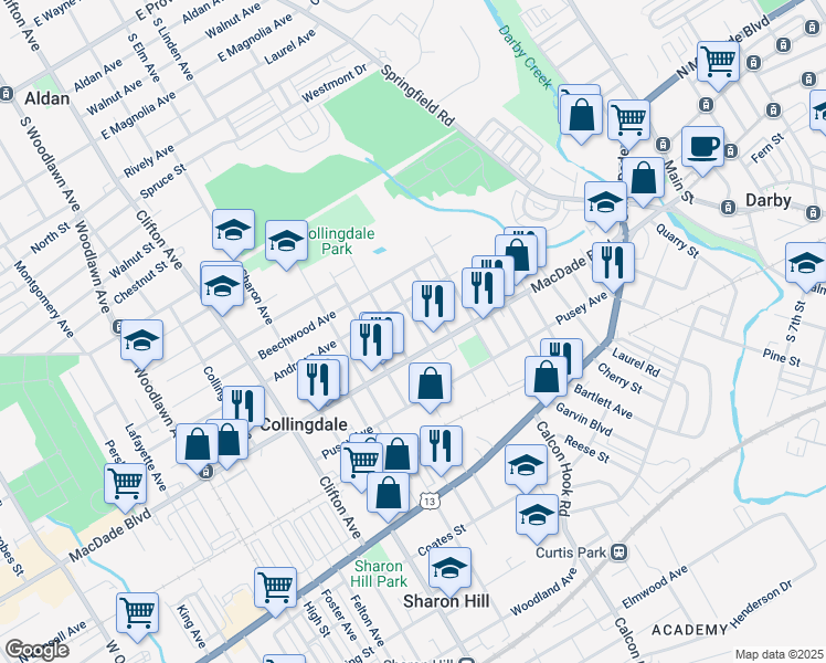 map of restaurants, bars, coffee shops, grocery stores, and more near 208 Marshall Avenue in Collingdale