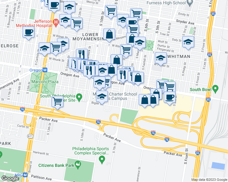 map of restaurants, bars, coffee shops, grocery stores, and more near 722 Mollbore Terrace in Philadelphia