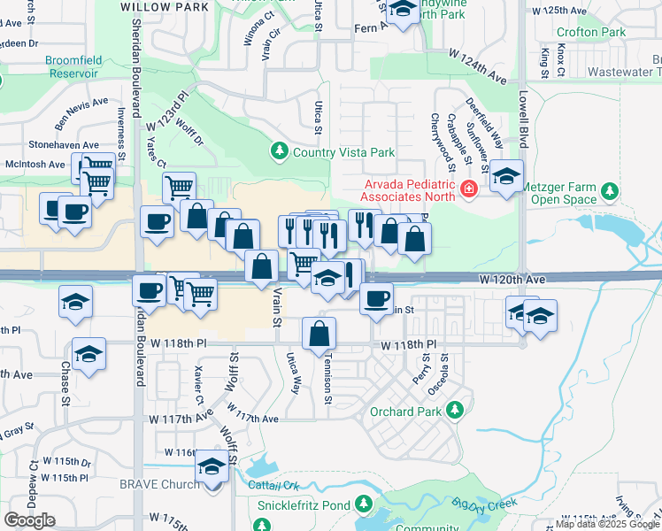 map of restaurants, bars, coffee shops, grocery stores, and more near 4381 West 120th Avenue in Broomfield
