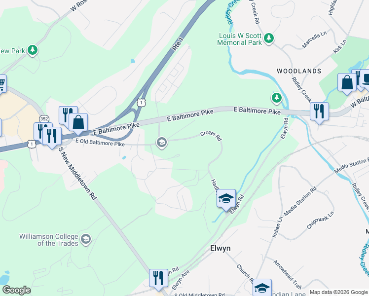 map of restaurants, bars, coffee shops, grocery stores, and more near School Ln in Media