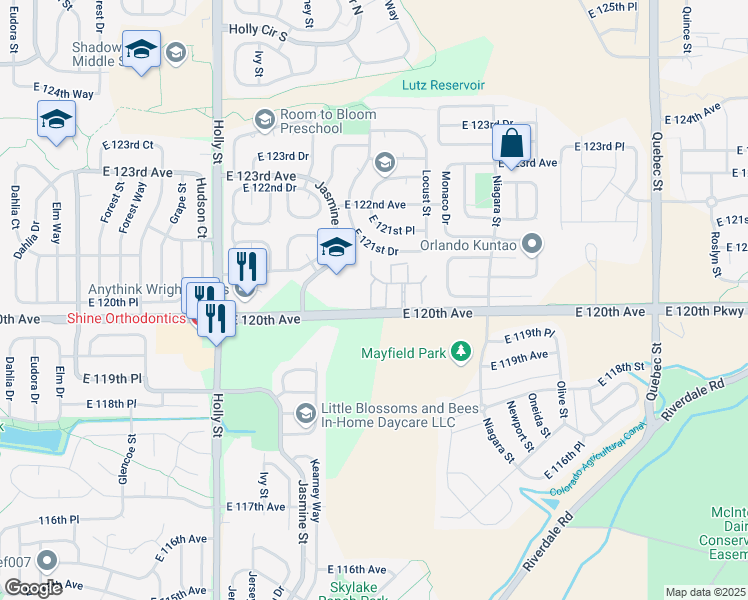map of restaurants, bars, coffee shops, grocery stores, and more near 12034 Leyden Street in Brighton