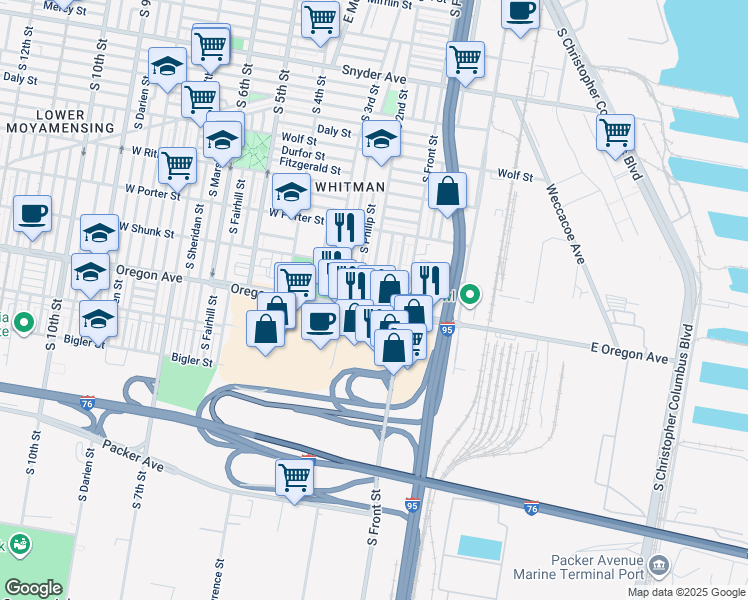map of restaurants, bars, coffee shops, grocery stores, and more near 2647 South 2nd Street in Philadelphia
