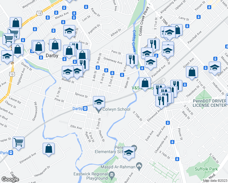 map of restaurants, bars, coffee shops, grocery stores, and more near 113 Walnut Street in Darby