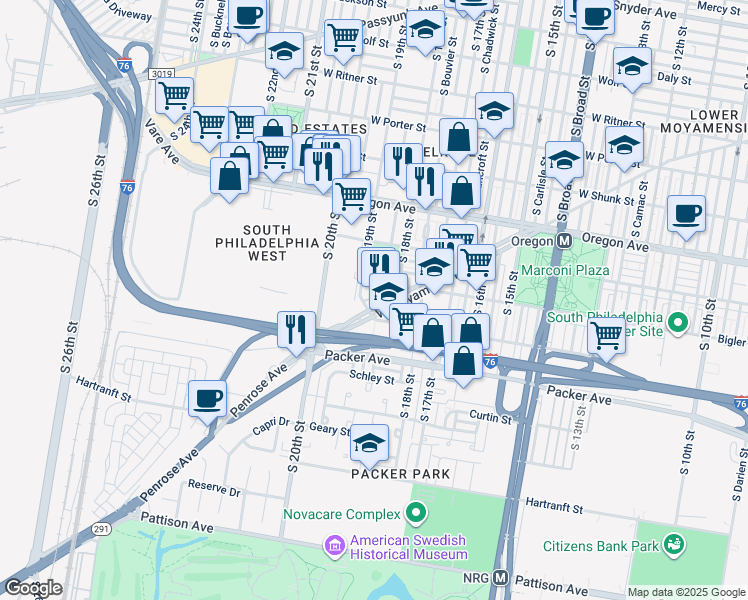 map of restaurants, bars, coffee shops, grocery stores, and more near 1831 West Moyamensing Avenue in Philadelphia