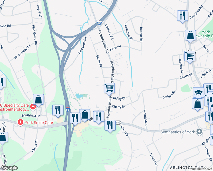 map of restaurants, bars, coffee shops, grocery stores, and more near 1905 Ebony Drive in York