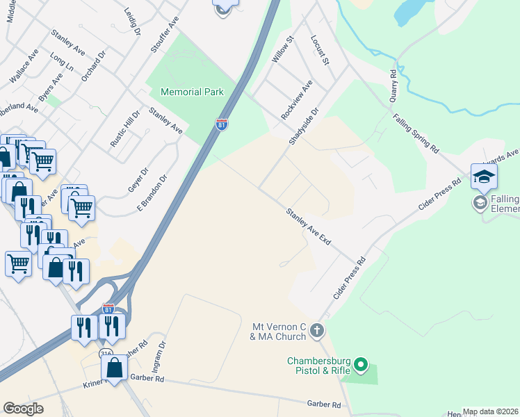 map of restaurants, bars, coffee shops, grocery stores, and more near 1300 Stanley Avenue in Chambersburg