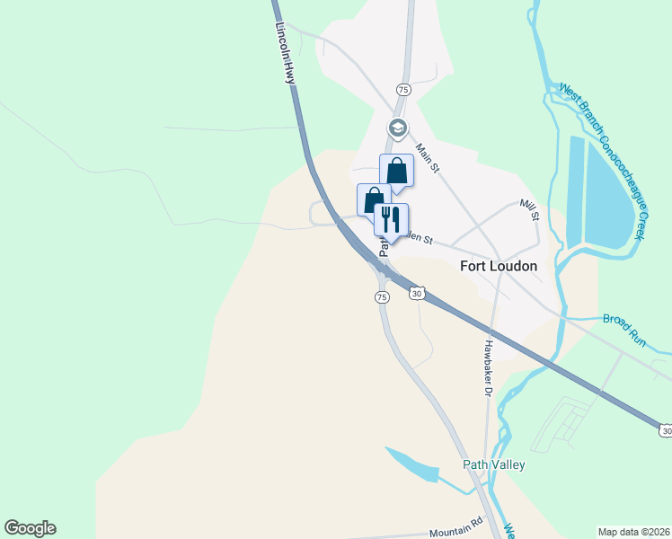 map of restaurants, bars, coffee shops, grocery stores, and more near 13272 Lincoln Way West in Fort Loudon