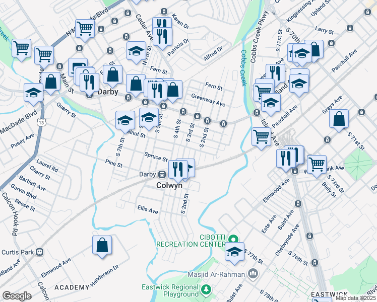 map of restaurants, bars, coffee shops, grocery stores, and more near 210 Walnut Street in Darby