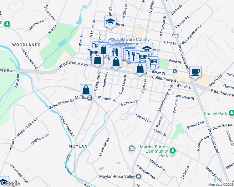 map of restaurants, bars, coffee shops, grocery stores, and more near 422 South Jackson Street in Media