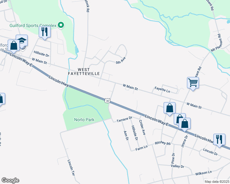 map of restaurants, bars, coffee shops, grocery stores, and more near 48 Lincoln Drive in Fayetteville