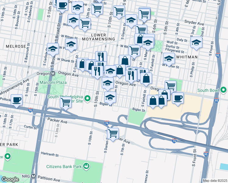 map of restaurants, bars, coffee shops, grocery stores, and more near 2740 South Darien Street in Philadelphia