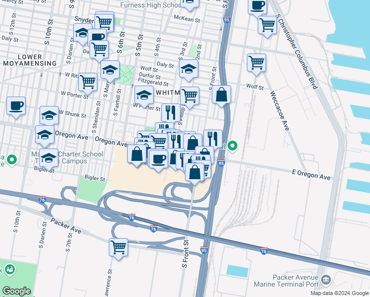 map of restaurants, bars, coffee shops, grocery stores, and more near 2647 South 2nd Street in Philadelphia