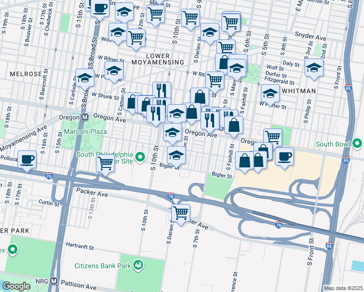 map of restaurants, bars, coffee shops, grocery stores, and more near 2740 South Darien Street in Philadelphia