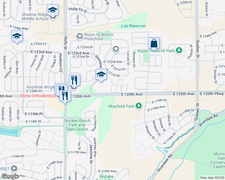 map of restaurants, bars, coffee shops, grocery stores, and more near 12034 Leyden Street in Brighton