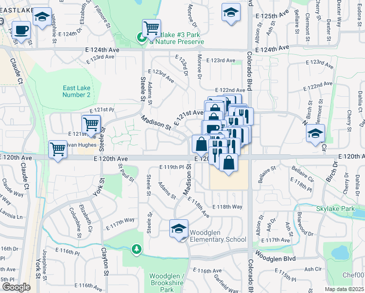 map of restaurants, bars, coffee shops, grocery stores, and more near 3351 East 120th Avenue in Thornton