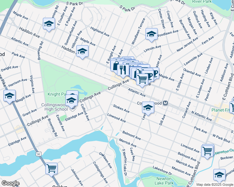 map of restaurants, bars, coffee shops, grocery stores, and more near 612 Atlantic Avenue in Collingswood